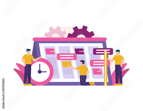 project planning concept, progress and time management, teamwork. illustration of a team working together to complete a task before the deadline. Organization workflow. flat style. design elements