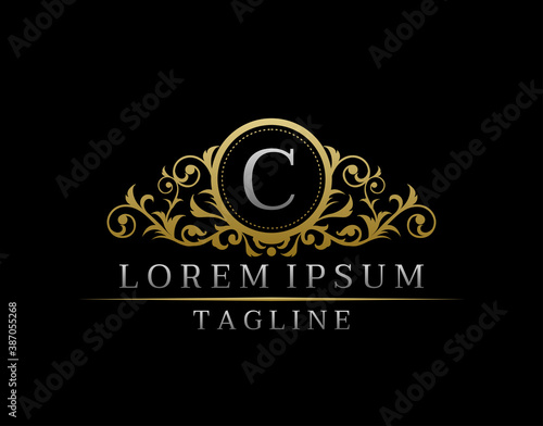 Luxury Boutique Letter C Monogram Logo, Elegant Gold Badge With Classy Floral Design.