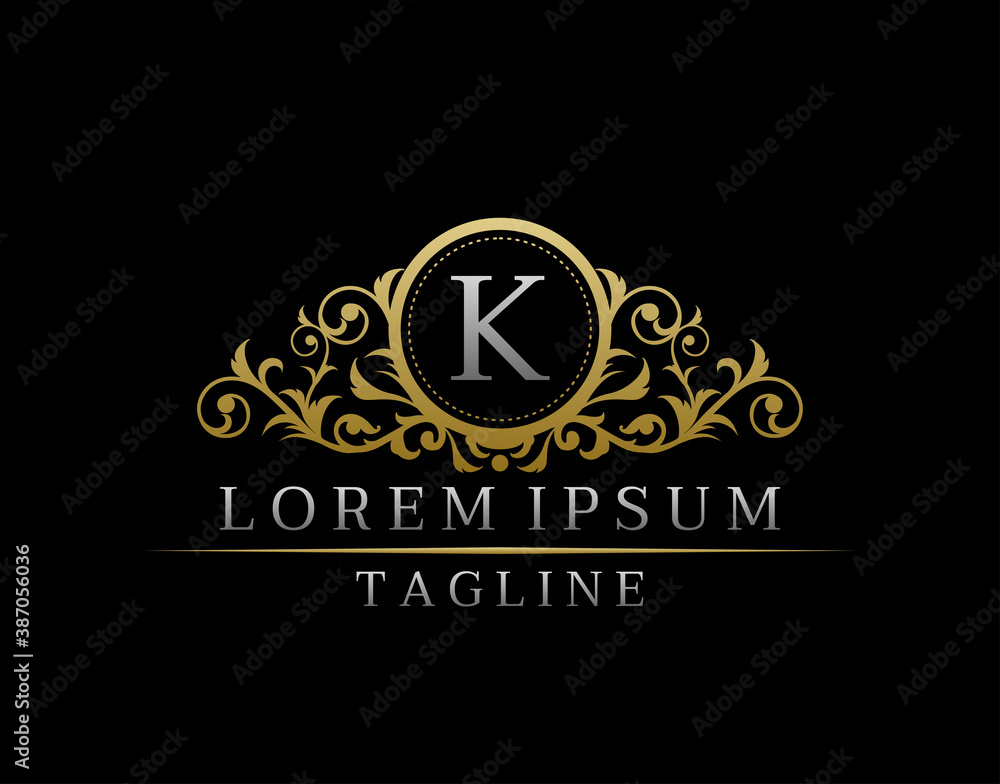 Luxury Boutique Letter K Monogram Logo, Elegant Gold Badge With Classy Floral Design. Luxury Boutique Letter K Monogram Logo, Elegant Gold Badge With Classy Floral Design.