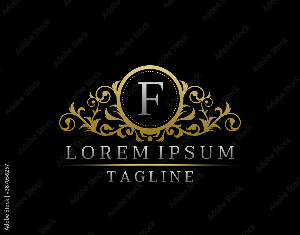 Luxury Boutique Letter F Monogram Logo, Elegant Gold Badge With Classy Floral Design.
