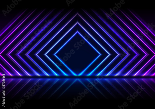 Blue and purple neon laser squares with reflection. Abstract technology background. Futuristic glowing vector design