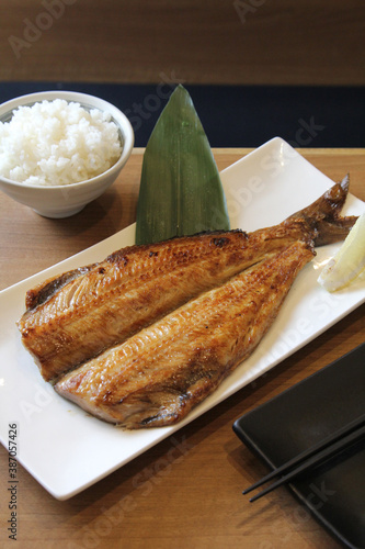 Grilled Hokke, Japanese fish in Hokkaido, and rice, Japanese food photo