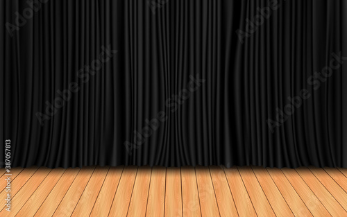 black curtain on the wooden stage in the hall