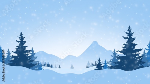 Abstract Backgrounds Christmas tree forest with  mountain snowflake on blue backgrounds , illustration wallpaper © NARANAT STUDIO
