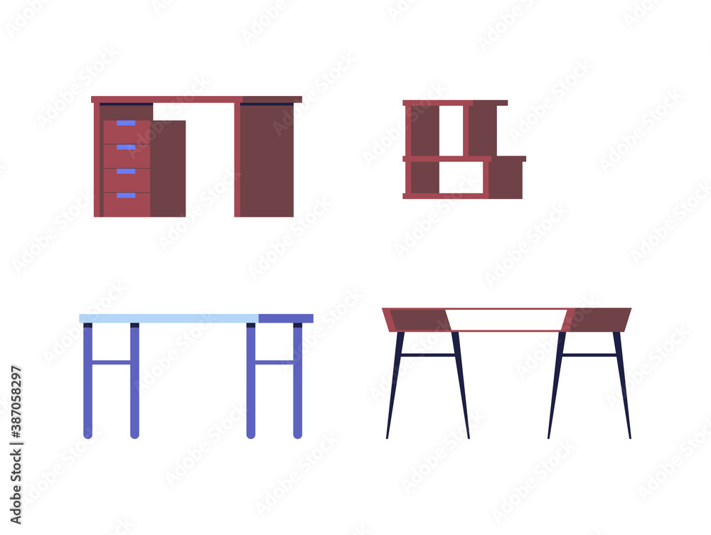 Office desktops and shelves set of flat vector illustrations isolated on white. Office desktops and shelves set of flat vector illustrations isolated on white.
