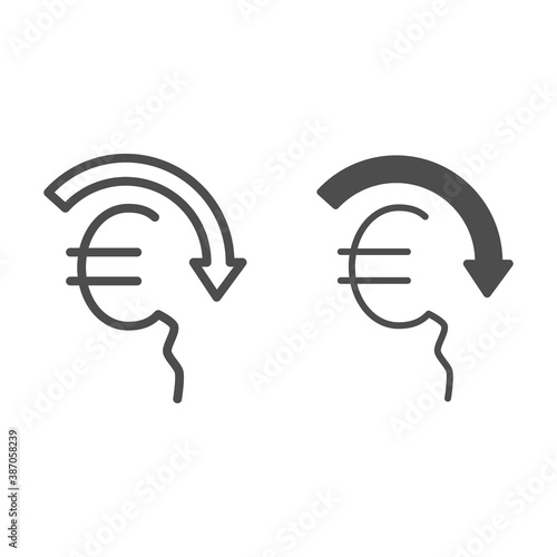 Euro rate fall line and solid icon, economic sanctions concept, Euro depreciation sign on white background, currency with decreasing arrow icon in outline style for mobile and web. Vector graphics.