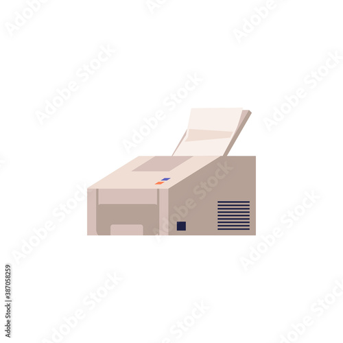 Printer or photocopier with paper flat cartoon vector illustration isolated.