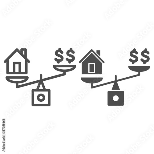 Dollar and house balance line and solid icon, finance concept, money and property on scales sign on white background, weighing or compare home and money icon in outline style. Vector graphics.