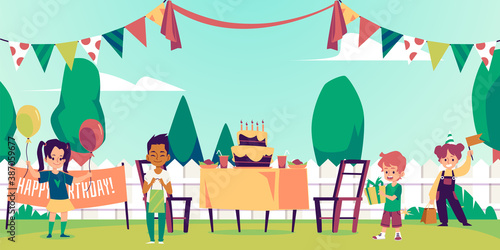 Children birthday backyard party with kids flat cartoon vector illustration.
