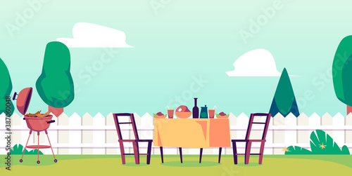 Fototapeta Naklejka Na Ścianę i Meble -  Backyard bbq party and picnic outdoors, flat cartoon vector illustration