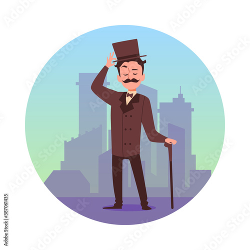 Circle element with gentleman in city, flat vector illustration isolated.
