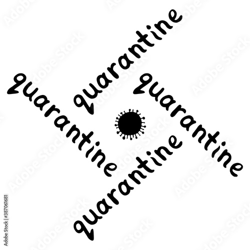 Quarantine logo - inscription and icon of molecule, virus cell. The topic of self-isolation, self-defense, protection and time of spread of coronavirus