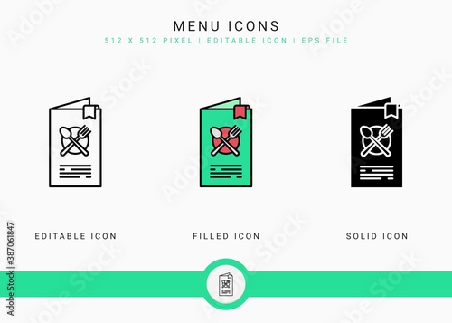 Menu icons set vector illustration with solid icon line style. Restaurant food lists concept. Editable stroke icon on isolated background for web design, infographic and UI mobile app.