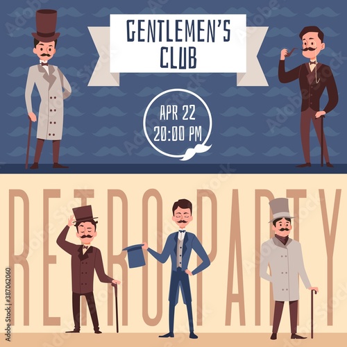 Set of banners for gentlemens club or retro party flat vector illustration.