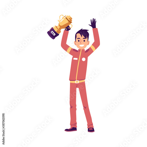 Car race driver or pilot holding trophy cup, flat vector illustration isolated.