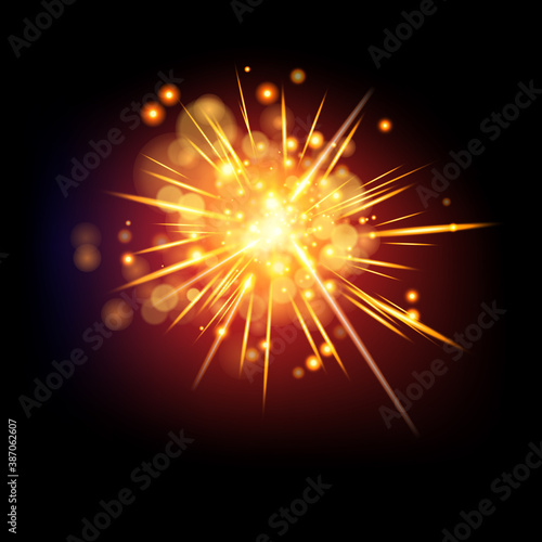 Fireworks explosions with beautiful spark effects. Grouped objects with transparency on dark background.