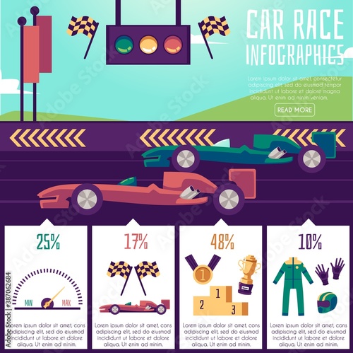 Banner with infographics of car races a vector flat illustration