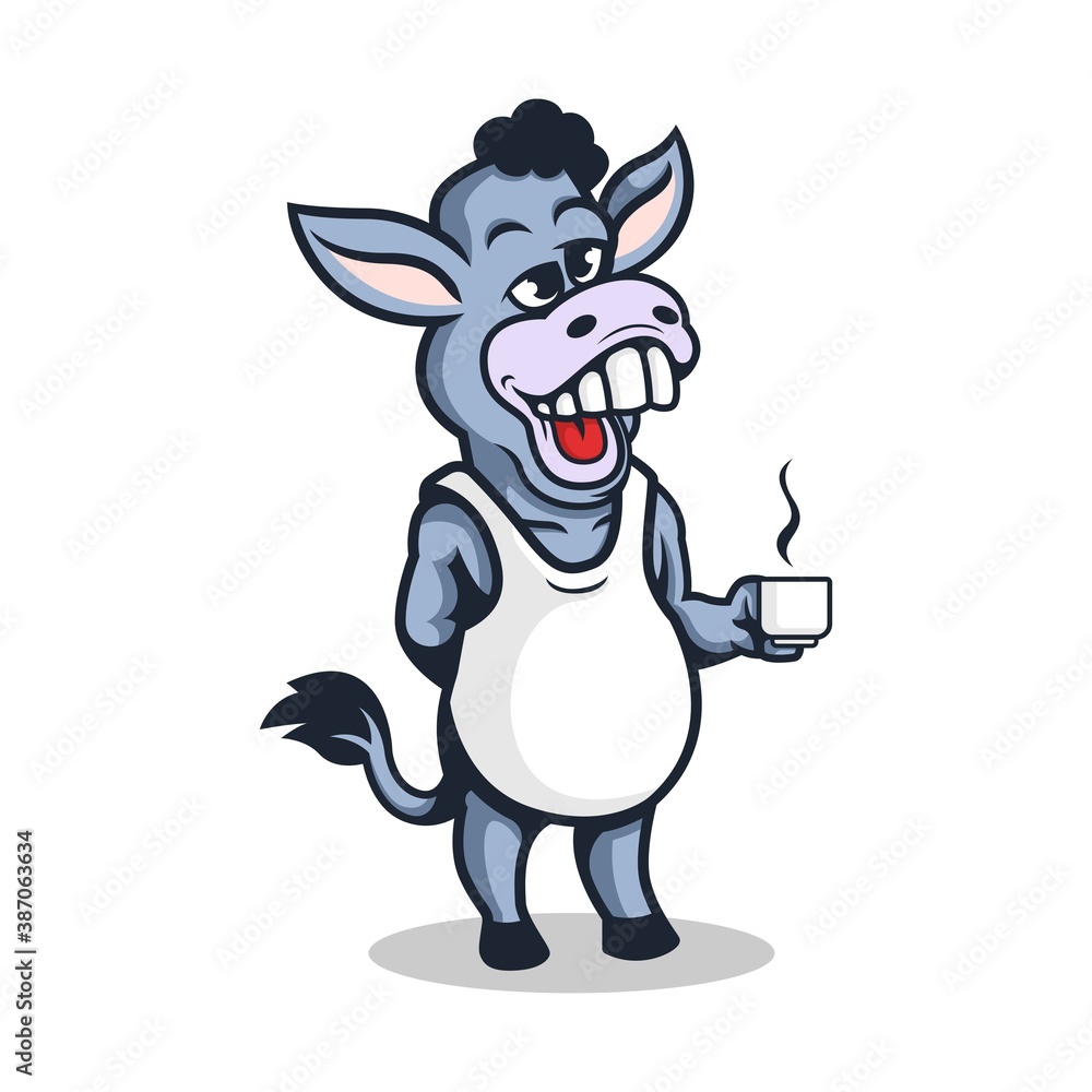 jackass mascot logo character holding a cup of coffee. vector illustration