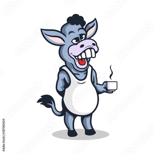 jackass mascot logo character holding a cup of coffee. vector illustration