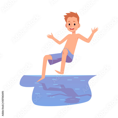 Cheerful kid boy jumps into the water a flat cartoon isolated vector illustration