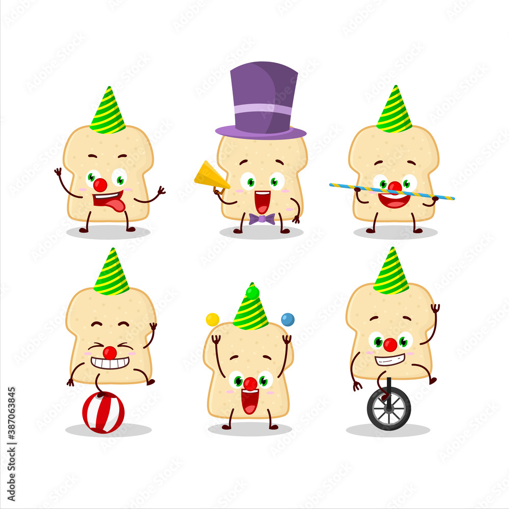 Cartoon character of slice of bread with various circus shows