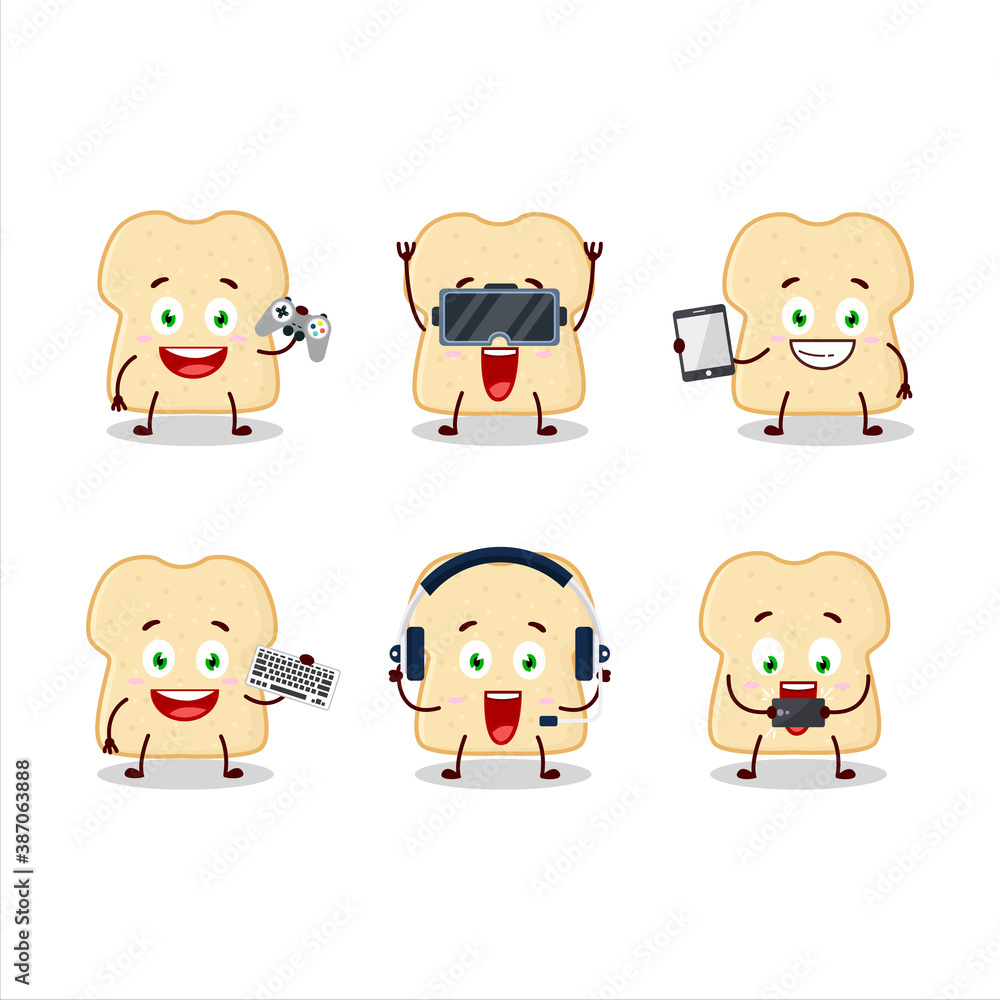 Slice of bread cartoon character are playing games with various cute emoticons