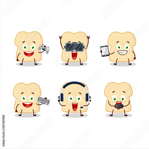 Slice of bread cartoon character are playing games with various cute emoticons
