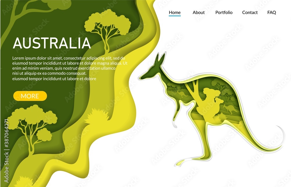 Australia vector website template, landing page design for website and mobile site development. Paper cut craft kangaroo silhouette with Australian nature, koala bears inside. Travel to Australia. - obrazy, fototapety, plakaty 