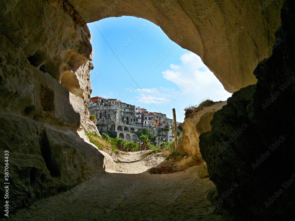 Italy,Calabria-view of the town Tropea from cave