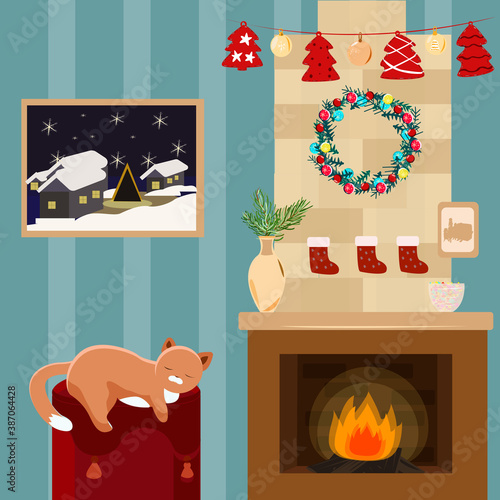 The cat sleeps near the fireplace on the Ottoman