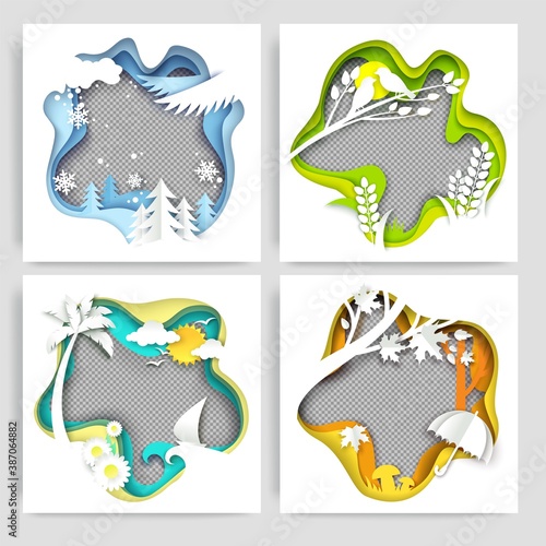 Seasonal social media story, post, poster, banner template set. Vector illustration in paper art style. Winter, spring, summer and autumn backgrounds, wallpapers, frames.