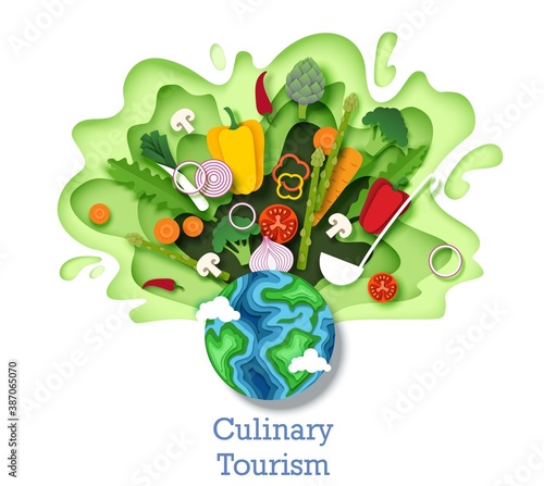 Culinary tourism concept vector illustration. Paper cut craft style planet Earth globe and healthy fresh vegetables. Cooking food ingredients. Gastronomic tour. Travel food experience. World cuisine.