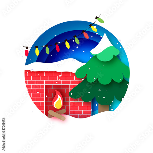 Red Brick fireplace with christmas tree. Happy New Year decoration. Winter holidays. Merry Christmas papercraft style.
