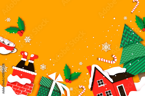 Merry Christmas Greetings Card with Christmas tree, country home, gift. Hot Cocoa with Marshmallows and Cute Candy Cane. Winter holidays. Happy New Year. Orange background.