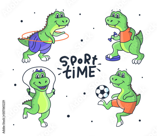 Cartoonish dinosaurs with a dumbbell, a ball, a hoop, a rope
