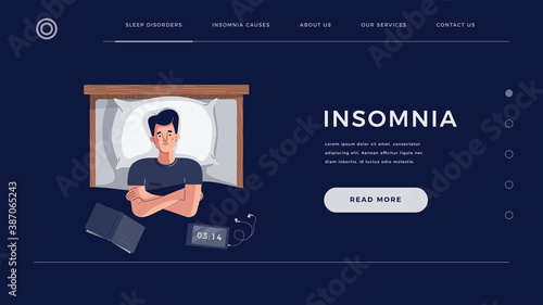 Insomnia concept for home page, landing or web site template. Young man suffers from sleep disorder. Male character lying on bed with open eyes, trying to fall asleep. Flat cartoon vector illustration