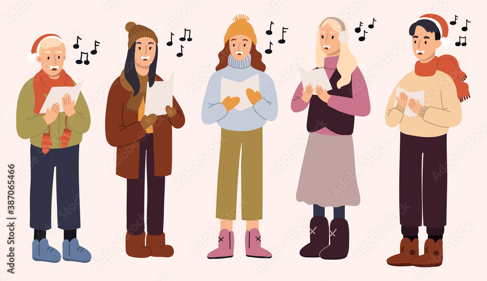 Young mans and girls dressed in outerwear singing Christmas carol. Young mans and girls dressed in outerwear singing Christmas carol.