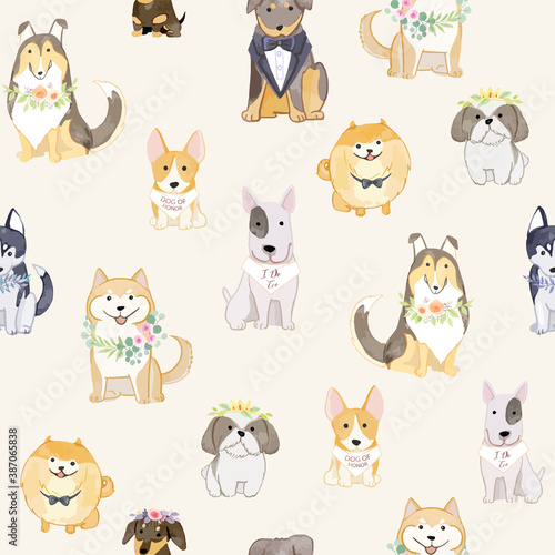 Fototapeta Naklejka Na Ścianę i Meble -  Adorable dogs wearing wreathes seamless pattern for kids apparel, fabric, wrapping paper.