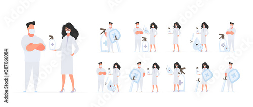 Set for a poster or presentation. Man and Girl doctor. Medics in medical masks. Spray bottle. Sanitizer in a flat style. Vector.