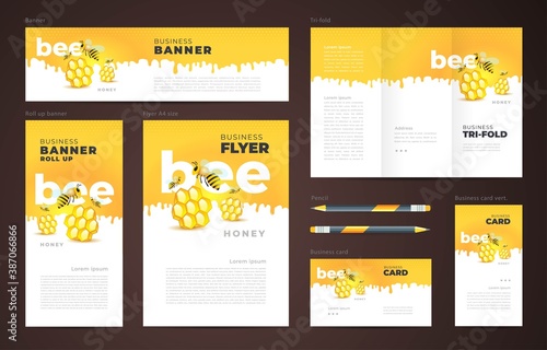 Honey mead bee honeycomb element drops Set flyer cover, tri-fold, banner, roll up banner, business card yellow color