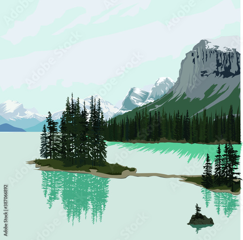 
landscape of snow-capped mountains at the foot of the river in flat style