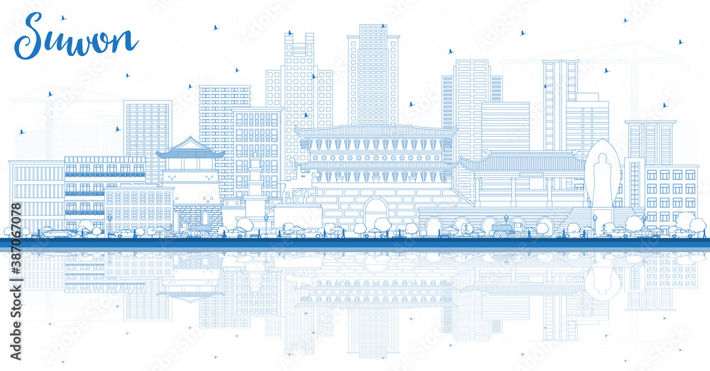Outline Suwon South Korea City Skyline with Blue Buildings and Reflections.