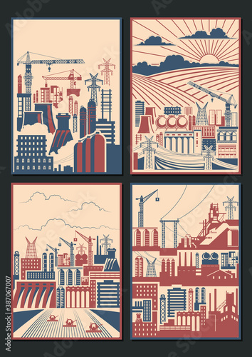 Industrial Propaganda Posters Template Set, Buildings, Factory Backgrounds, Construction Sites, Agricultural Fields, Soviet Placards Style 