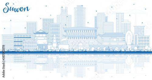 Outline Suwon South Korea City Skyline with Blue Buildings and Reflections.