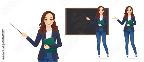 Female young teacher in casual clothes at blackboard with copy space showing something using pointer stick isolated vector illustration