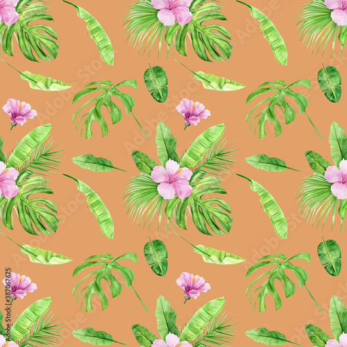 Watercolor illustration seamless pattern of tropical leaves and flower hibiscus. Perfect as background texture  wrapping paper  textile or wallpaper design. Hand drawn