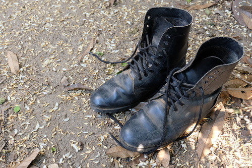 Leather boots of Thai military students after the training.