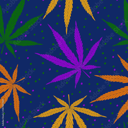  Cannabis leaf. Colorful vector seamless pattern on a dark background with dots.