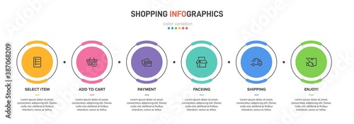 Concept of shopping process with 6 successive steps. Six colorful graphic elements. Timeline design for brochure, presentation, web site. Infographic design layout.
