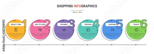 Concept of shopping process with 6 successive steps. Six colorful graphic elements. Timeline design for brochure, presentation, web site. Infographic design layout.